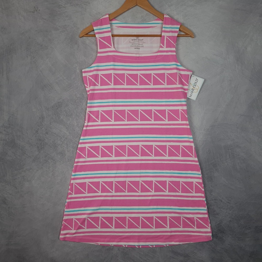 Mahi Gold Dress Womens Medium Pink Striped Square Neck Tank Nautical Coastal